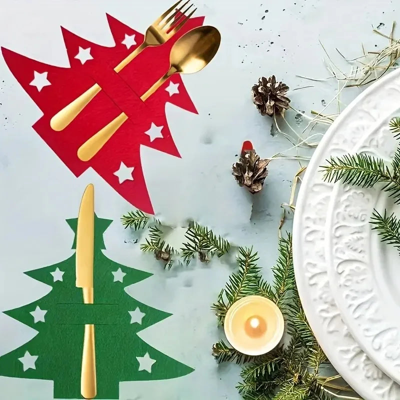 12Pcs Christmas Tree Shaped Felt Cutlery Mats With Stars Decor Durable