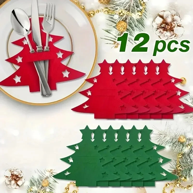12Pcs Christmas Tree Shaped Felt Cutlery Mats With Stars Decor Durable