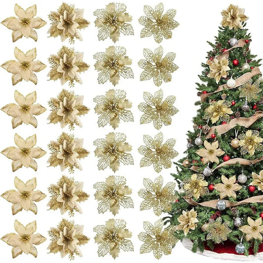 Gold Red Christmas Decoration Glitter Artifical Flowers Christmas Tree