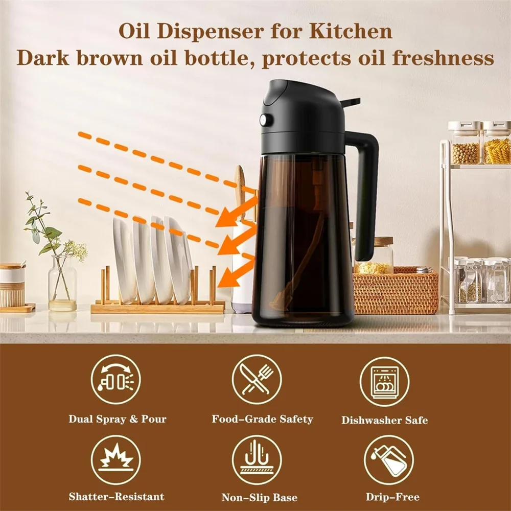 2-in-1 Glass Oil Dispenser & Sprayer - 16oz/470ml Leakproof Olive Oil