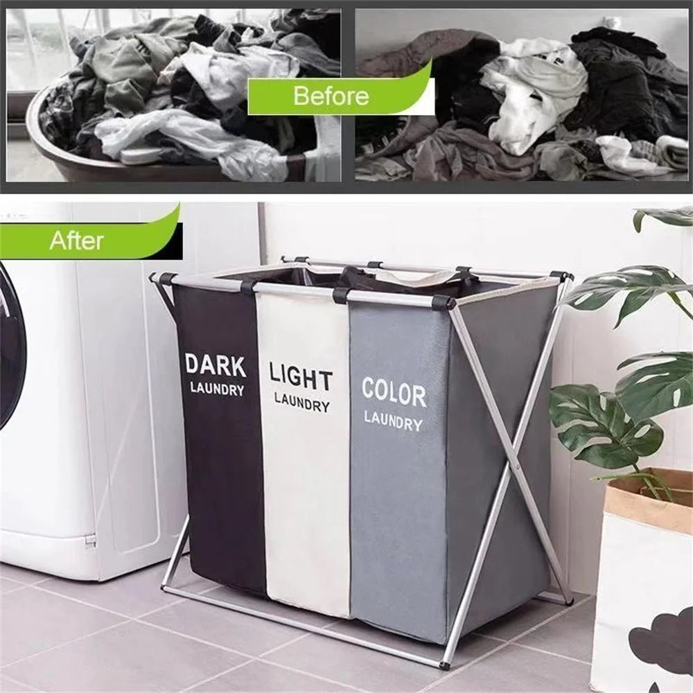 3 Grids Laundry Basket Foldable Dirty Clothes Organizer Bathroom